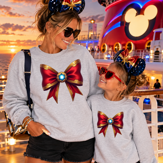 Superhero bow crewneck sweatshirt available in youth and adult sizes, perfect for matching mom and daughter superhero cruise night outfits