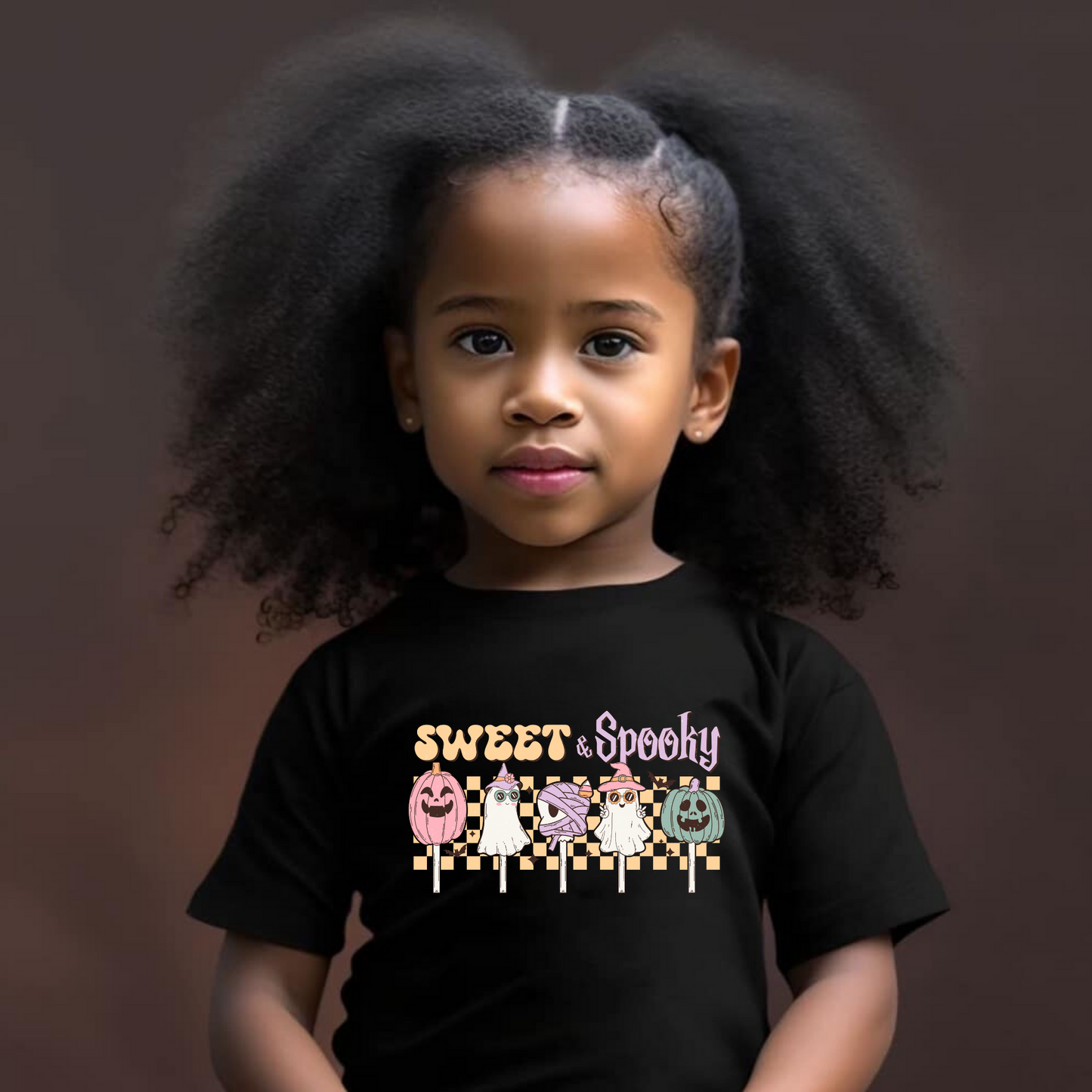 An adorable Halloween shirt for girls with the phrase ',Sweet and Spooky featuring a preppy and playful design. The shirt adds a unique touch to her Halloween outfit, embodying the essence of cute Halloween fun.