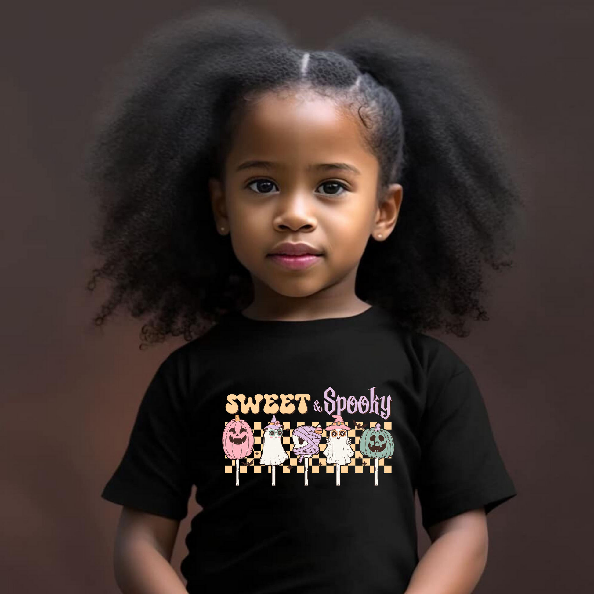 An adorable Halloween shirt for girls with the phrase ',Sweet and Spooky featuring a preppy and playful design. The shirt adds a unique touch to her Halloween outfit, embodying the essence of cute Halloween fun.