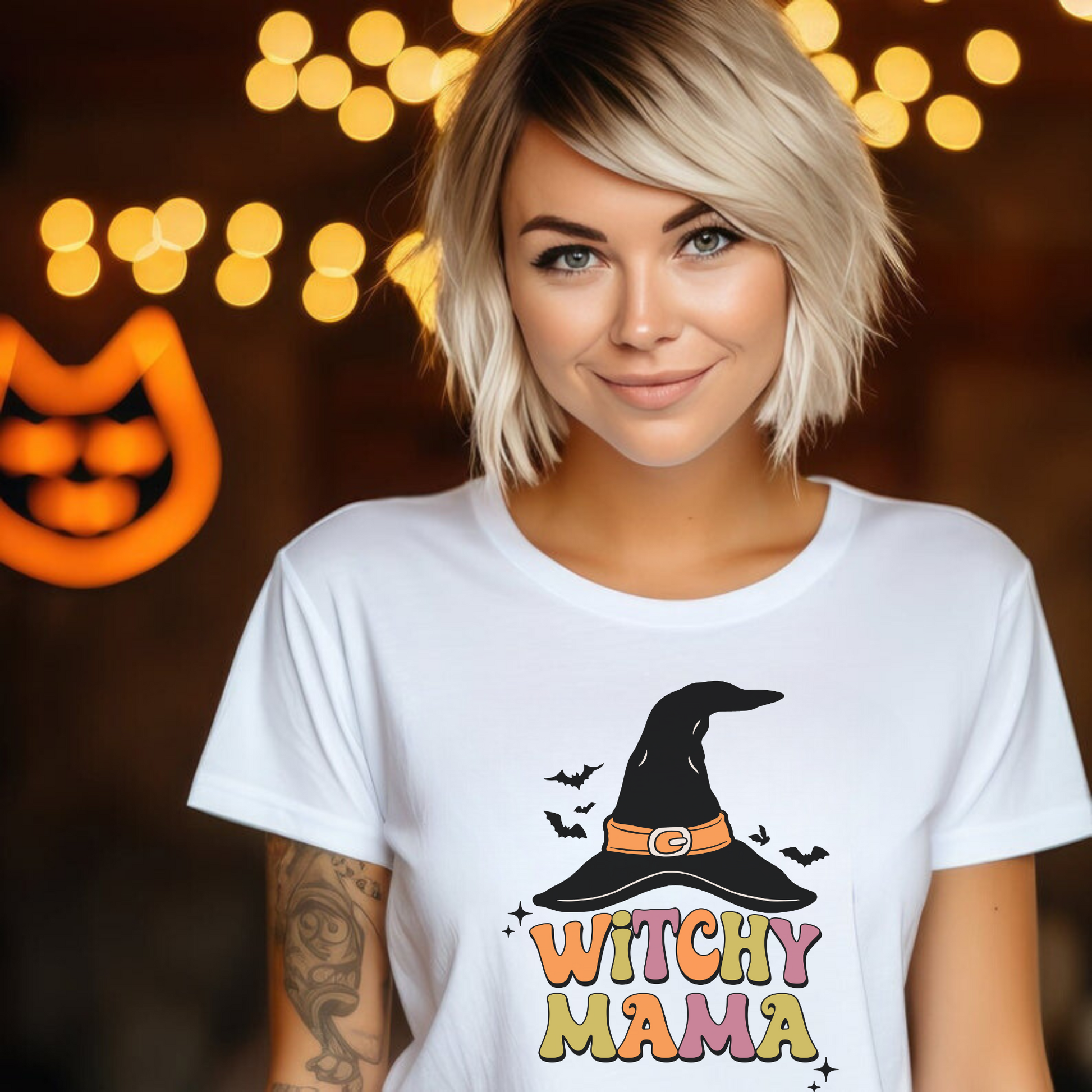 Trendy oversized preppy "Witchy Mama" Halloween shirt - Embrace fall vibes with this unique Halloween design for moms. Comfort Colors shirt for ultimate comfort, featuring a retro touch. Perfect for a stylish and cozy Halloween look!