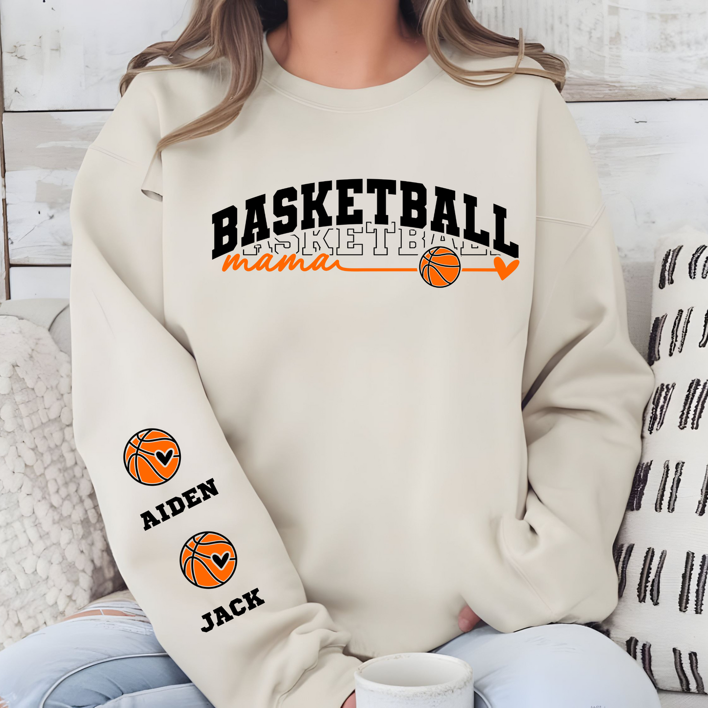 Custom Basketball Mama Crewneck Sweatshirt with Sleeve Design