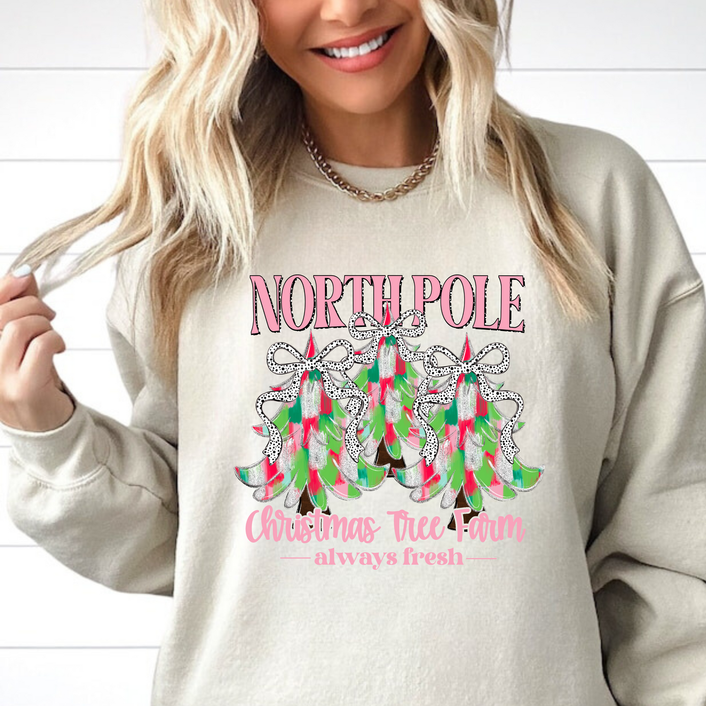 North Pole Christmas Tree Farm | Pink Christmas Crewneck Sweatshirt