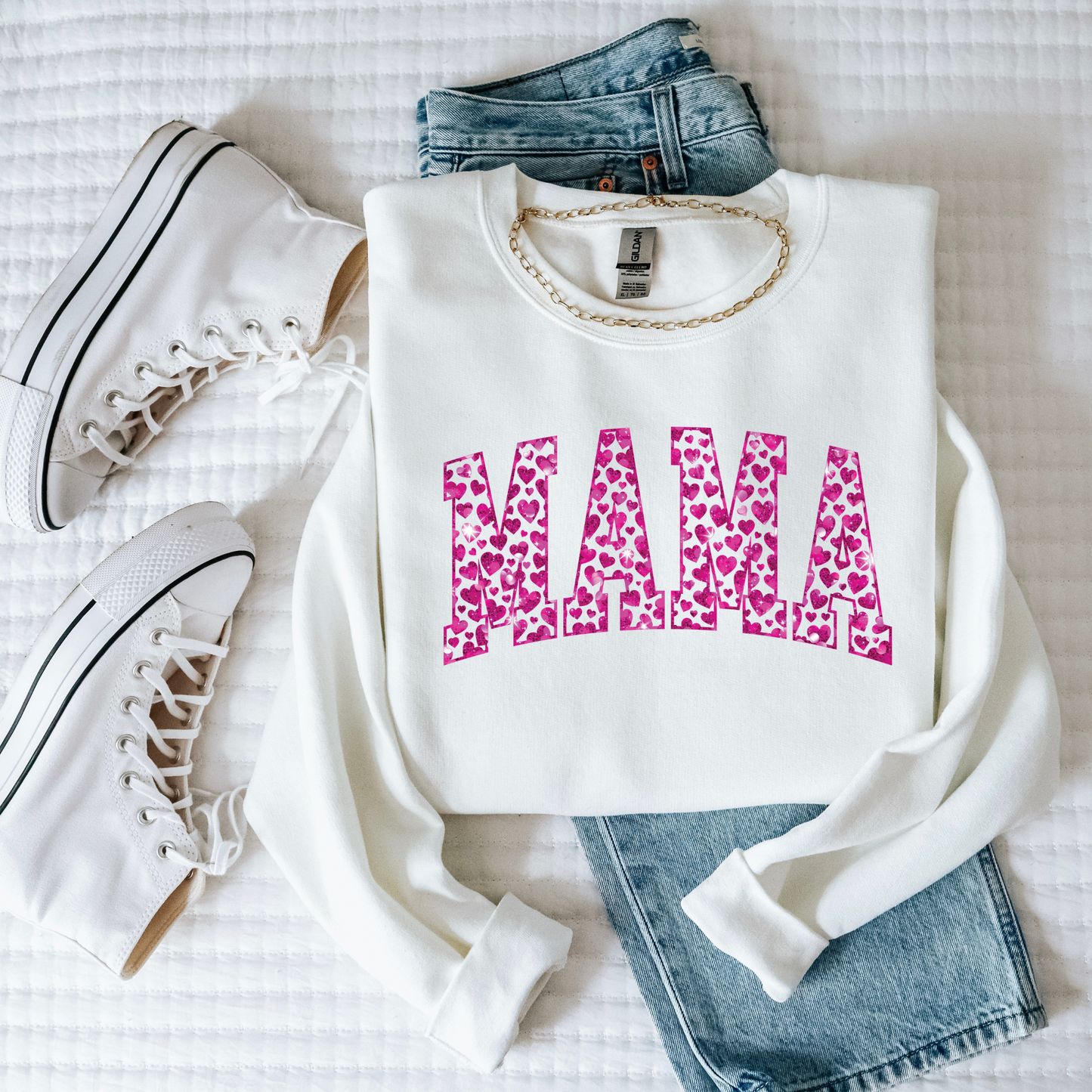 Valentine's Day Mama Pink Hearts Crewneck Sweatshirt