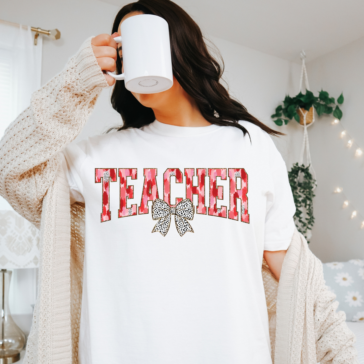 Valentine's Day Teacher Shirt with Brushstroke Bow