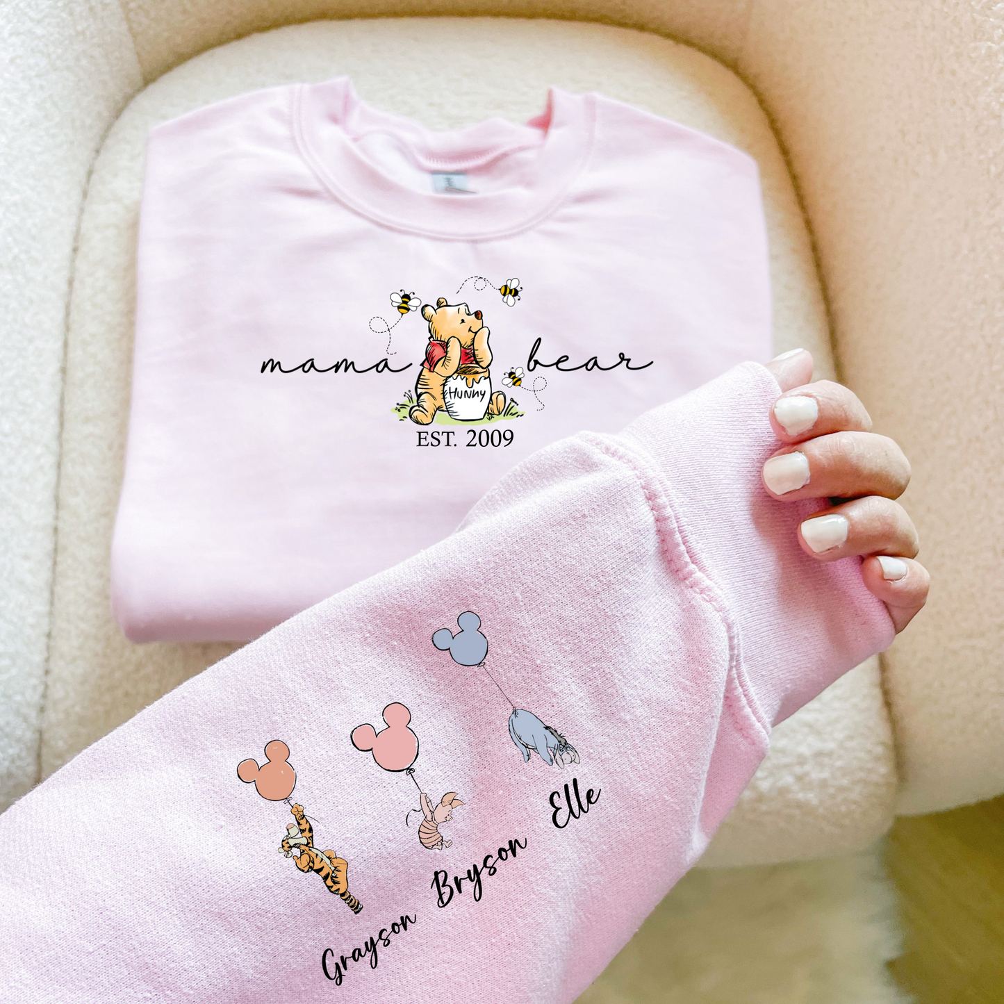 Mama Bear Sweatshirt with Kids Names on the Sleeve